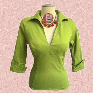 🍏Pin-Up Couture "Lauren" 3/4 Sleeve Blouse In Chartreuse - L EUC